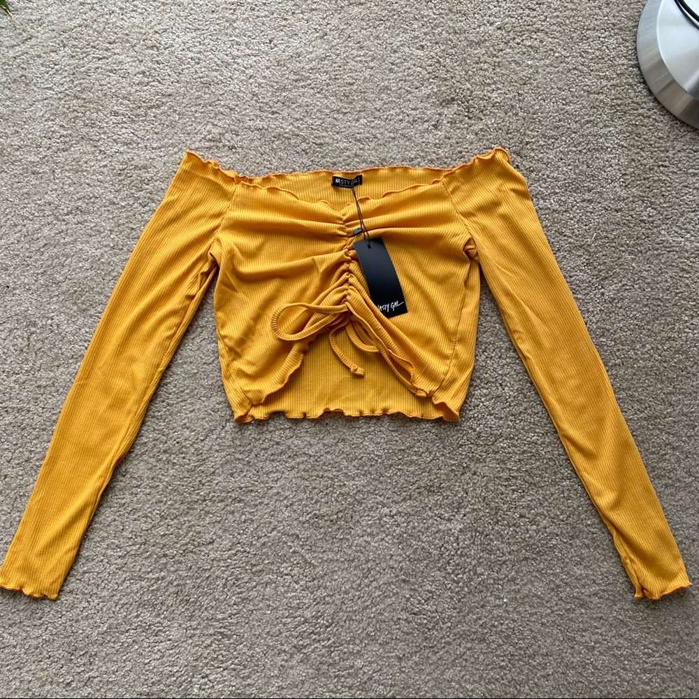 Mustard Yellow Ruched Off The Shoulder Crop Top